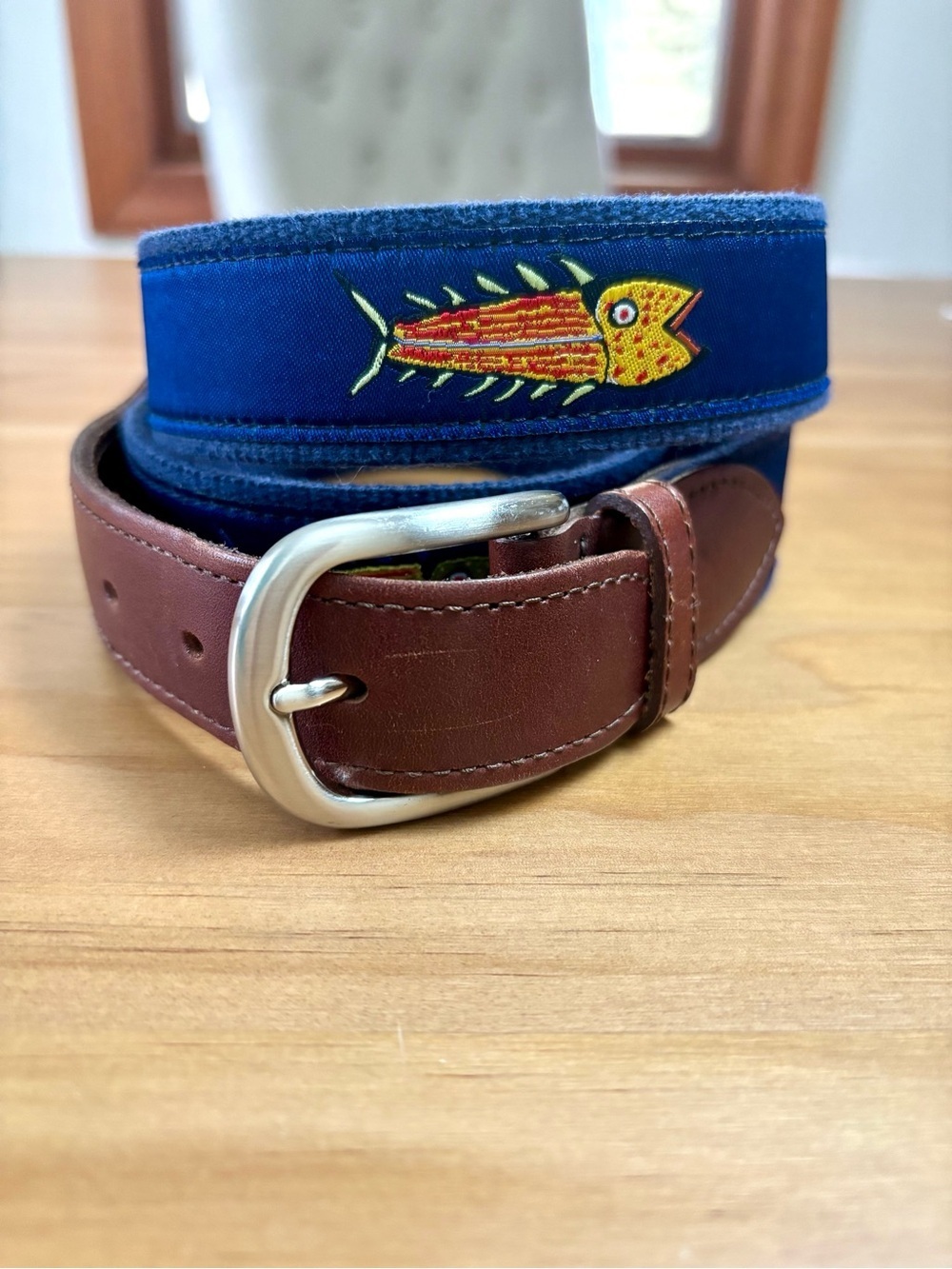 The Belted Cow Hopkins Embroidered Fish Ribbon Club Belt Sz 44
